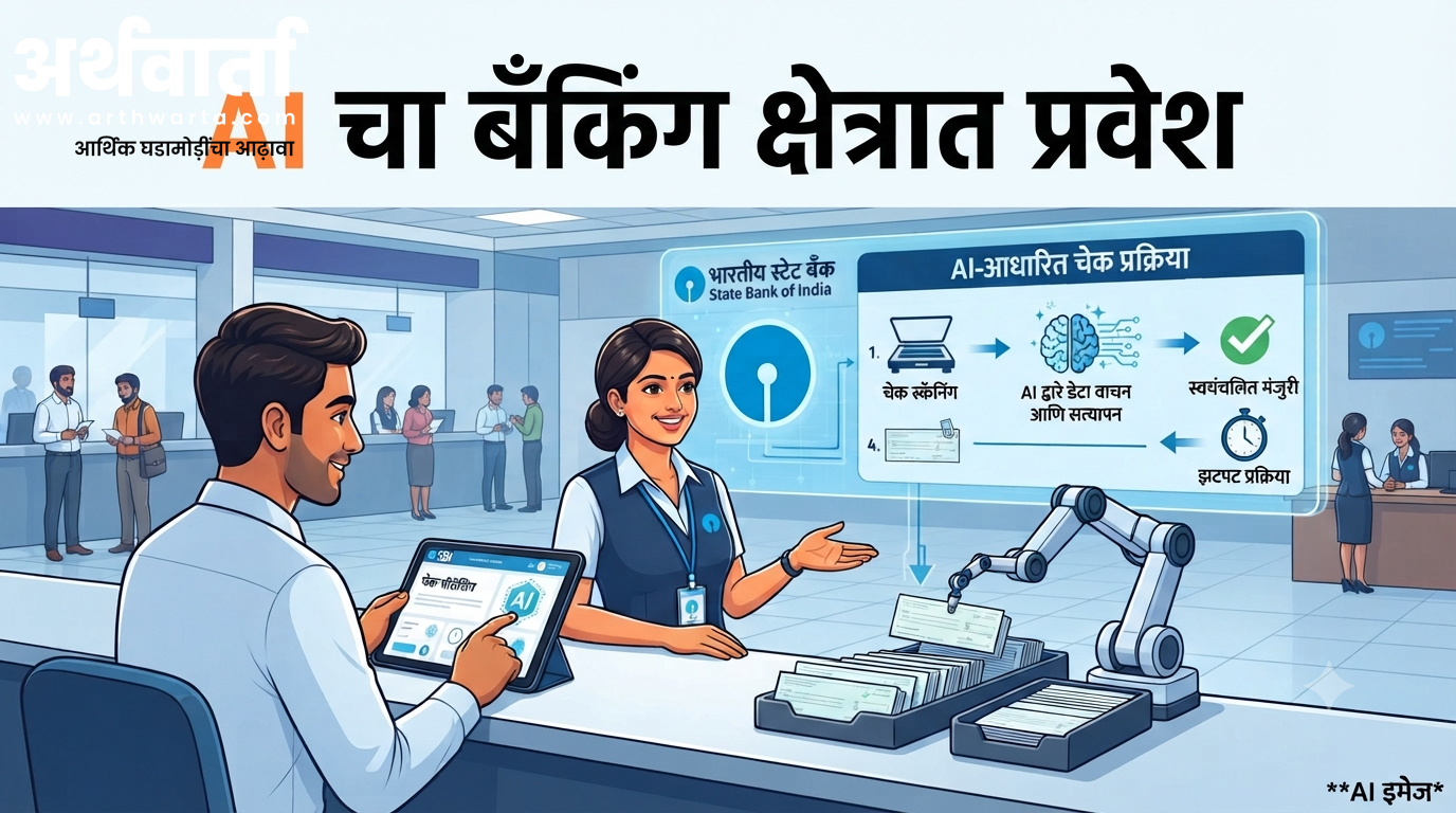 Theme of image :- आता AI ची बँकिंग क्षेत्रात प्रवेश: SBI चे संपूर्ण चेक प्रोसेसिंग AI वर Create AI image for news portal layout, editorial illustration, 1200 × 675 px with 16:9 landscape Add footnote- AI इमेज Avoid to mention figures.. whatever want to say in basic information must be reflect in image